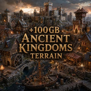 Puede incluir: Una ilustración digital de una ciudad portuaria medieval con edificios de piedra, un gran castillo y un barco de madera atracado en un muelle. El texto +100GB ANCIENT KINGDOMS TERRAIN aparece centrado en letras doradas sobre el paisaje.