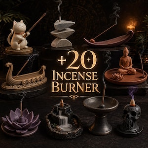May include: A collection of various incense burners including a cat figurine, a stacked stone design, a boat-shaped holder, a Buddha statue on a round tray, a purple lotus flower, a waterfall fountain, a pedestal bowl, and a skull, with text +20 INCENSE BURNER.