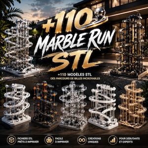May include: A collection of 110 marble run STL files featuring various vertical track designs in white, black, gold, and transparent finishes. The image displays multiple assembled marble run structures with spiral paths and metallic spheres.