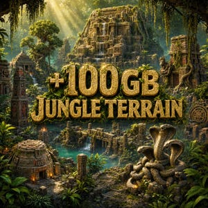Può includere: Un'illustrazione digitale di un antico complesso di templi in pietra in una giungla lussureggiante con cascate e una statua di serpente a tre teste. Il testo +100GB JUNGLE TERRAIN è visualizzato in grandi lettere dorate e testurizzate.