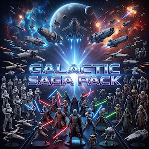 May include: A digital illustration titled GALACTIC SAGA PACK featuring a space battle with numerous starships and explosions above a large group of science fiction action figures, including armoured soldiers, droids, and characters wielding light sabres.
