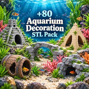 Peut inclure: Une collection numérique de 80 fichiers STL de décoration d'aquarium comprenant diverses structures en pierre, dont une pyramide, une arche, un tonneau en bois et un temple, entourés de plantes aquatiques, de corail et de petits poissons colorés.