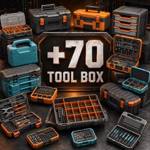 Peut inclure: Une collection de diverses boîtes à outils et organisateurs de rangement dans des tons gris, orange et bleu sarcelle, avec un panneau central portant le texte +70 TOOL BOX. L'ensemble comprend plusieurs boîtiers avec compartiments.