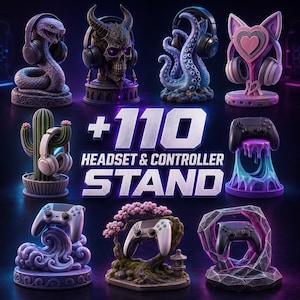 May include: A collection of decorative stands for headsets and gaming controllers featuring various designs including a snake, skull, octopus tentacle, cat ears, cactus, and abstract shapes with the text +110 HEADSET & CONTROLLER STAND.
