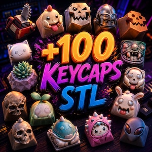 May include: A collection of various sculpted keycaps featuring characters, skulls, a succulent, and a chainsaw, arranged around the central text +100 KEYCAPS STL. The keycaps display diverse colors including metallic, pink, green, and brown tones.