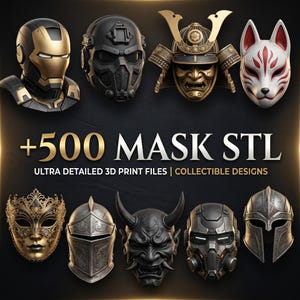 May include: A collection of digital 3D mask designs featuring a gold and black robotic helmet, a tactical mask, a samurai helmet, a white fox mask, a gold filigree mask, a knight helmet, a black horned demon mask, and a futuristic helmet with text +500 MASK STL.