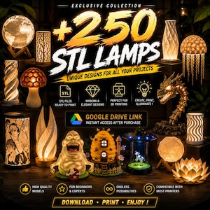 Peut inclure: Une collection de lampes imprimées en 3D avec divers designs, dont un globe, un arbre, un champignon et un dragon. L'image contient le texte "+250 STL Lamps" et "Unique Designs for All Your Projects."