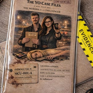 May include: A crime scene case file titled "The Yo Case Files" with the text "The Murder of an Influencer." The image shows two detectives, a crime scene, and evidence tags. The case file is in a plastic sleeve.