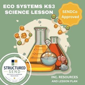 Könnte beinhalten: Illustration für eine Ökosysteme KS3-Wissenschaftsstunde. Das Bild zeigt zwei Bechergläser mit orangefarbenen und roten Flüssigkeiten, einen runden Glasbehälter und ein SENDCo Approved-Abzeichen. Das Structured Send-Logo ist ebenfalls vorhanden.