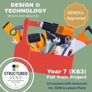 May include: A red toolbox filled with various tools, including a drill, saw, hammer, and wrenches. The image includes text that reads "DESIGN & TECHNOLOGY lessons and resources" and "Year 7 (KS3) Full Train Project". The image also includes the text "SENDCo Approved".