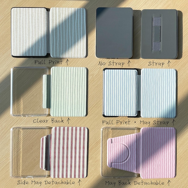 Kobo & Kindle Magnetic Case with Detachable Clear Back, Kindle Case Aesthetic Striped,Custom Cover Design, Strong Magnet Back Reader Gift