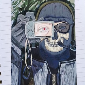 May include: Illustration of a character with a skull face, wearing a headset and holding a camera. The camera's screen displays an eye with a red iris. The character is dressed in a blue and grey uniform.