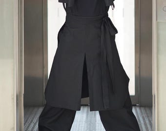 Avant Garde Wrap Skirt | Black Linen Organic Cotton Blend | Japanese Style Unisex Asymmetrical Overskirt