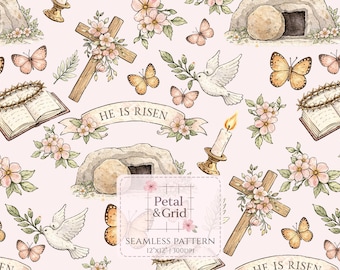 He Is Risen Easter Seamless Pattern, Christian Cross Dove Design (Digital Download)
