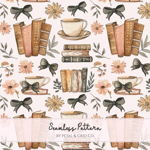 May include: Seamless pattern featuring watercolor illustrations of books, teacups, daisies, and bows in shades of brown, beige, and black. The text "Seamless Pattern" is visible at the bottom of the image.