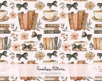 Coquette Book Lover Seamless Pattern | Vintage Academia Aesthetic | Coffee Books Floral Design | Fall Cozy