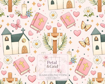 Christian Seamless Pattern, Christian Easter Seamless Design, Jesus Is King Seamless, Christian Girl Seamless Repeating Background