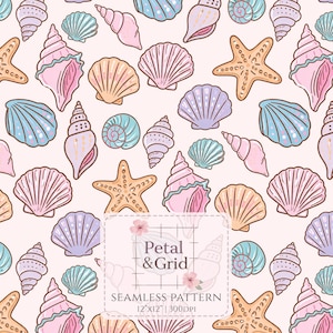 Preppy seashells seamless pattern,  Summer seamless design, Girly summer repeating pattern, Bright summer sublimation Beach shells