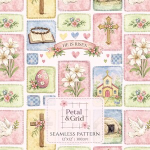 May include: A seamless digital pattern featuring religious and Easter-themed illustrations including crosses, lilies, churches, doves, open books with crowns of thorns, and decorated eggs in pastel colors. Text reads HE IS RISEN and Petal & Grid SEAMLESS PATTERN 12"x12" | 300DPI.