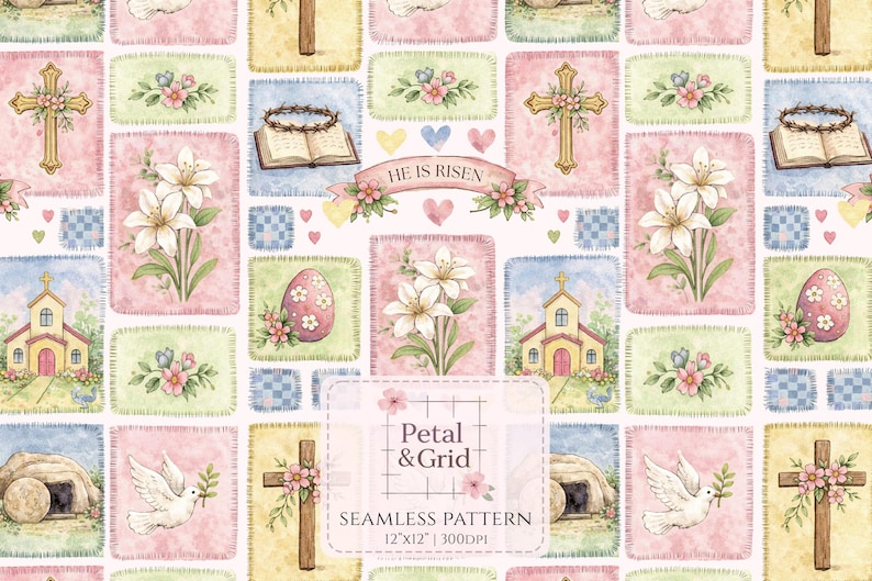 Easter Patchwork Seamless Pattern, Christian Easter Digital Repeat Pattern for Personal and Commercial use, Watercolor Bunny Design