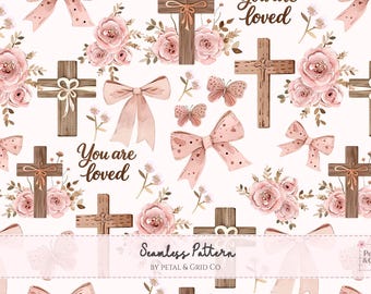 Christian Seamless Pattern, Cross Floral Pattern, Pink Bow Coquette Fabric Design, Religious Digital Paper, Nursery Wallpaper, Faith Pattern