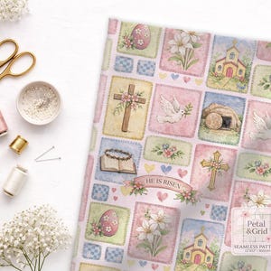 Easter Patchwork Seamless Pattern, Christian Easter Digital Repeat Pattern for Personal and Commercial use, Watercolor Bunny Design