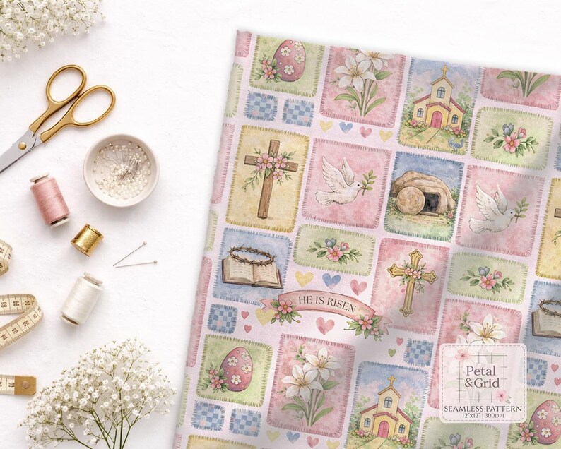 Easter Patchwork Seamless Pattern, Christian Easter Digital Repeat Pattern for Personal and Commercial use, Watercolor Bunny Design