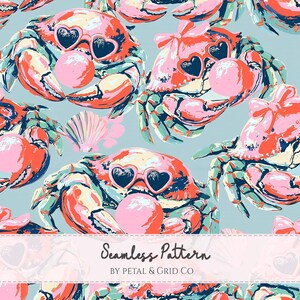 Preppy Crab Seamless Pattern | Coastal Coquette Nautical Print | Beachy Summer Fabric Design | Cute Ocean Aesthetic
