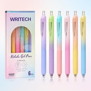 May include: A set of six colorful gel pens with a gradient design, displayed next to their box. The pens are in shades of purple, green, blue, pink, orange, and yellow. The box reads "WRITECH Nebula Gel Pens" and includes the text "Non-slip Soft Grip Silent Clicker".