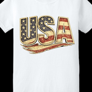 May include: White t-shirt with a distressed "USA" graphic. The letters are designed with the American flag, featuring stars and stripes. The shirt has a crew neck and short sleeves, made of a soft material.