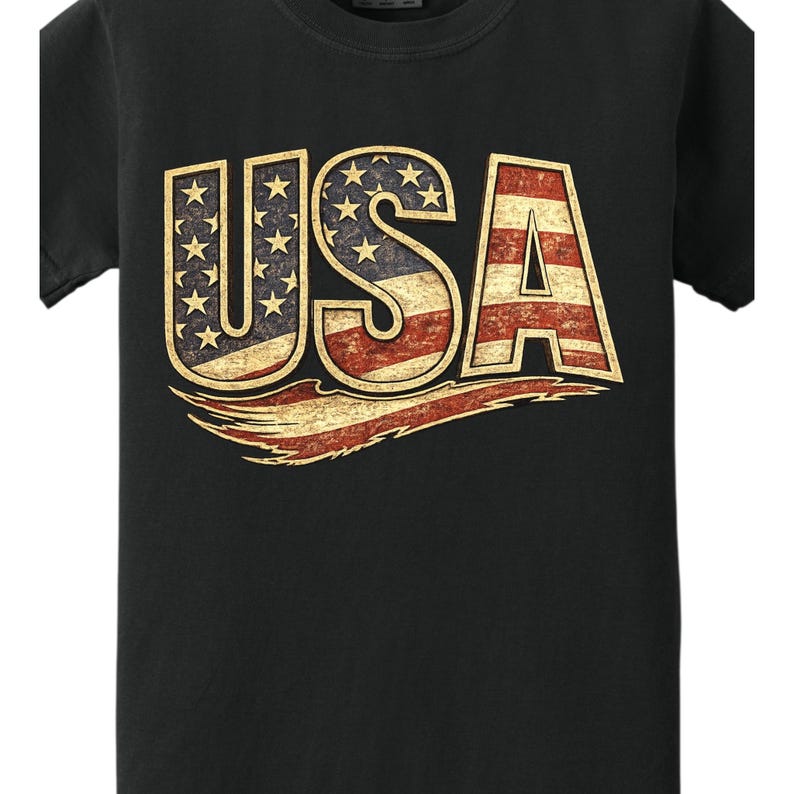 May include: Black t-shirt featuring the word "USA" in a distressed design. The letters are filled with the American flag's stars and stripes, with a vintage, worn look. The design includes a red and white banner.
