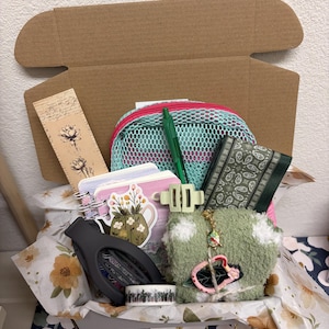 Puede incluir: Una caja de cart&oacute;n que contiene varios art&iacute;culos, incluyendo una bolsa de malla, un bol&iacute;grafo verde, un peque&ntilde;o cuaderno de espiral con una pegatina floral, una cartera verde oscuro con estampado paisley, calcetines verdes y un marcap&aacute;ginas.