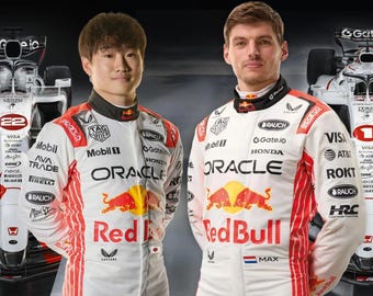 Macacão de corrida Oracle Red Bull Max Verstappen para o Grande Prêmio do Japão de 2025, feito sob encomenda - Macacão de corrida Oracle Red Bull Yuki Tsunoda para o Grande Prêmio.