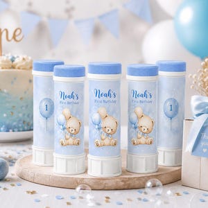 Personlig bubbelplast-nalle i blått | Namn och ålder | Pojkes 1-årsdag | Utskrivbar festgåva | Festgåva