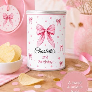 Gepersonaliseerde Snack Can Wrapper | Pink Bow Birthday Party Favor | Meisjes Verjaardag Printable | Custom Chips Can Label