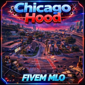 May include: A digital artwork featuring a cityscape with the words "Chicago Hood" in blue and red, and "FiveM MLO" in white. The image depicts a vibrant urban scene with cars, buildings, and a sunset sky.