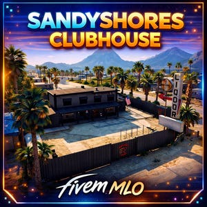 May include: An exterior shot of the Sandy Shores Clubhouse, a two-story building with a dark facade, palm trees, and a sign that reads "Liquor". The image also includes the text "Fivem MLO".