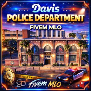 Op de afbeelding: Illustratie van het Davis Police Department-gebouw met de tekst "Davis POLICE DEPARTMENT FIVEM MLO". Een politieauto met zwaailichten staat voor het gebouw. Een politiebadge en handboeien zijn ook zichtbaar.