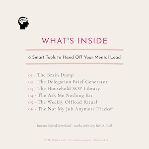 May include: A digital download graphic with the text "WHAT'S INSIDE" and "6 Smart Tools to Hand Off Your Mental Load." The list includes tools like "The Brain Dump" and "The Delegation Brief Generator." The image is on a cream background.
