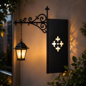 Op de afbeelding: Een zwarte metalen wandlantaarn met een sierlijke krulhouder en een rechthoekig paneel met een uitgesneden lelieontwerp. De lantaarn hangt aan een ketting en verspreidt een warm, gloeiend licht dat de muur verlicht.
