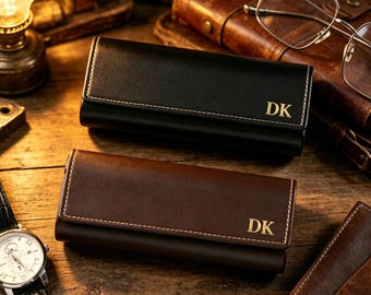 Vintage leren brillenkoker met aangepaste hotstempel-initialen, vintage leren brillenkoker harde schaal, minimalistisch reisaccessoire, cadeau voor papa