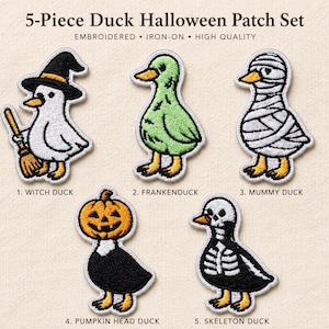 May include: A 5-piece duck Halloween patch set featuring embroidered iron-on designs: a witch duck with a broom, a green Frankenduck, a white mummy duck, a pumpkin head duck, and a skeleton duck. Each patch displays distinct seasonal costumes.