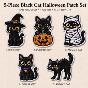 Embroidered Halloween Cat Patch Set, Halloween Patch, Black Cat Patch