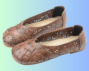 Bailarinas de piel para mujer, transpirables, con aberturas, sin cordones, estilo ballet, cómodas e informales.