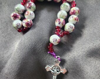 Peace chaplet, porcelain fuschia flowers, St Benedict crucifix