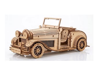 NiXiM 3D puzzle VINTAGE CAR wooden mechanical model kit, Spinning wheels, Opening side doors, front engine and boot compartment