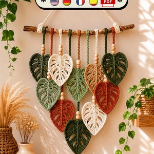Gehaakt monsterablad muurhanger, boho botanische vezelkunst, natuurlijk houten takdecor