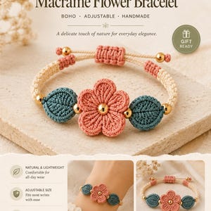 Elegant gehaakt bloemarmbandpatroon pdf, zelfstudie bloemensieraden DIY, beginnersvriendelijke gids macramé en gehaakte armbanden, bloemenarmband