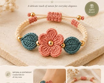 Elegante braccialetto all'uncinetto con fiori, modello PDF, tutorial fai da te per gioielli floreali, guida per principianti a braccialetti in macramè e uncinetto, braccialetto floreale