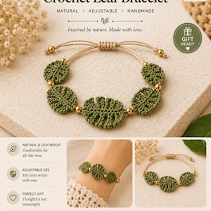 May include: A crochet leaf bracelet featuring five green, leaf-shaped crochet motifs connected by small gold-toned beads on a beige cord. The bracelet has an adjustable sliding knot closure and fits wrists from 15 to 22 cm or 5.9 to 8.7 inches.